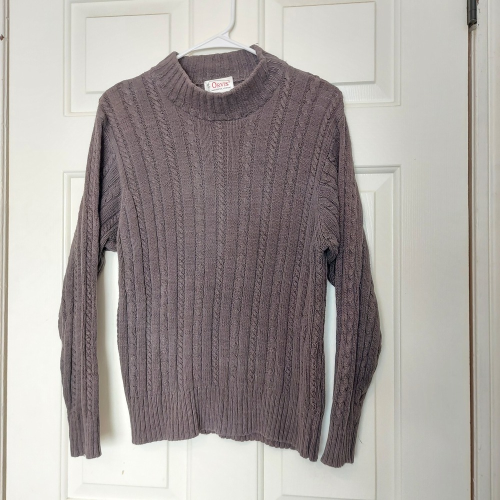 Orvis Silk Cotton Cable Knit Mock Neck Sweater Womens Medium Gray Long Sleeve